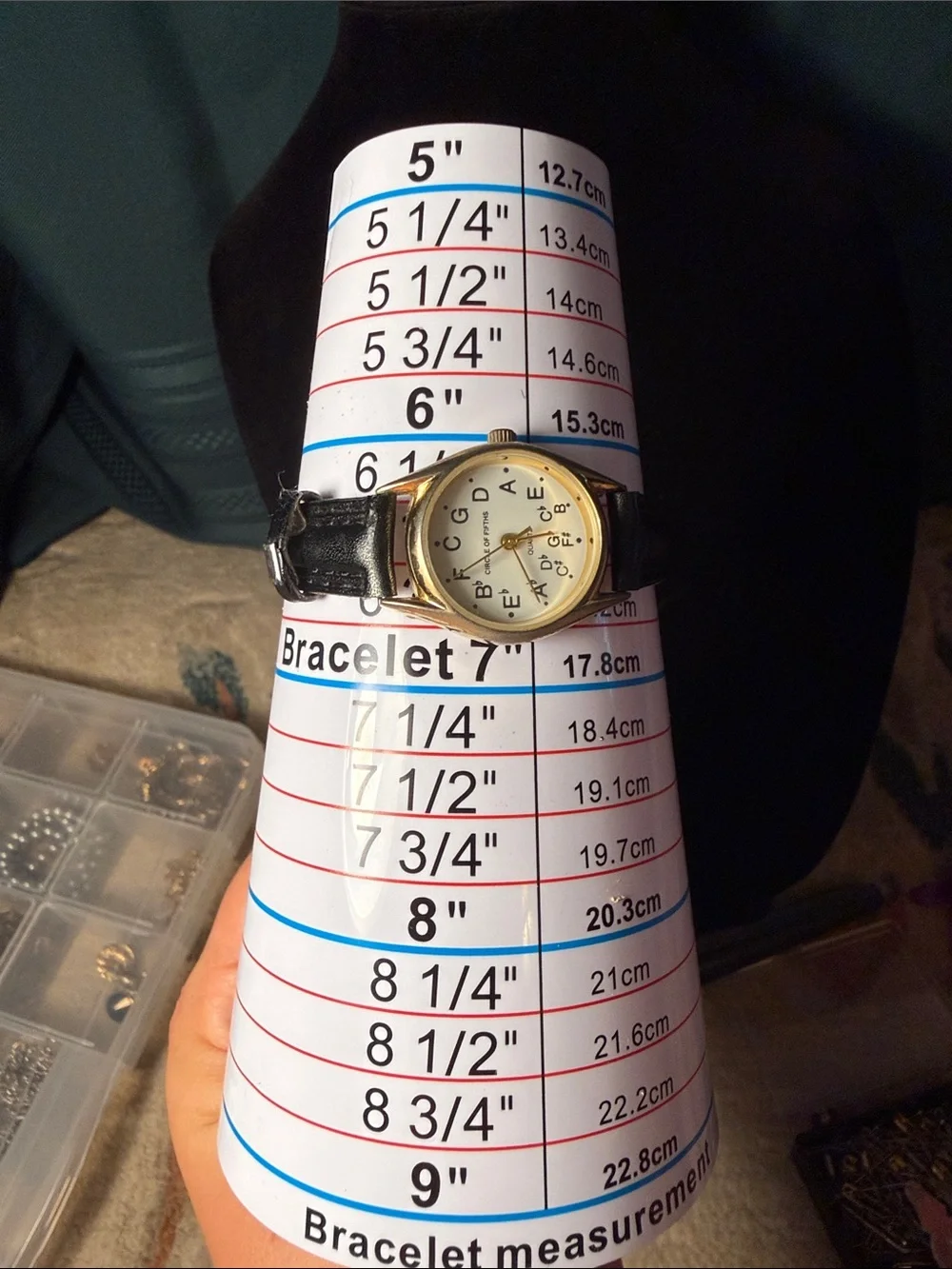 Circle of Fifths Gold-Tone Watch with Black Leather Strap Size 6.5”